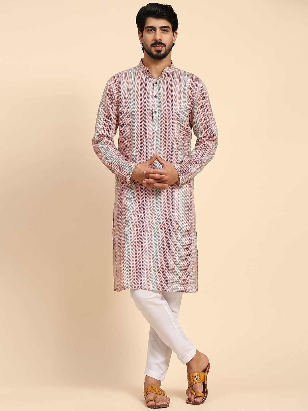 

Rawayi Geometric Printed Mandarin Collar Linen Straight Kurta, Pink