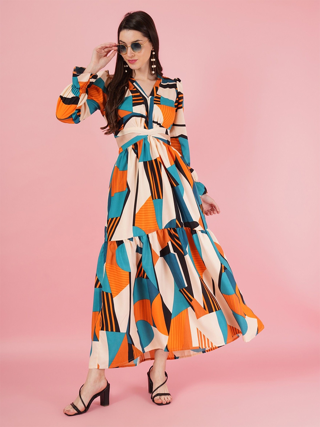 

Femvy Women Abstract Print Puff Sleeves Maxi Dress, Beige