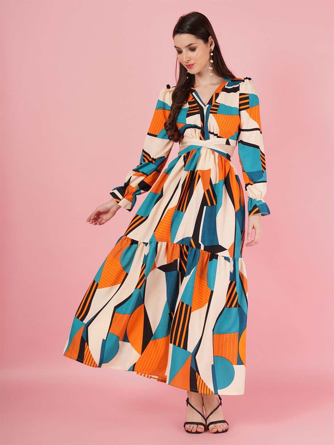 

Femvy Mandarin Collar Printed Cut-Outs Maxi Dress, Beige