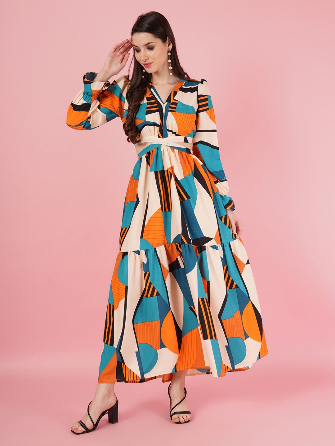 

Femvy Women Abstract Printed V-Neck Puff Sleeves Applique Polyester Party Maxi Dress, Beige