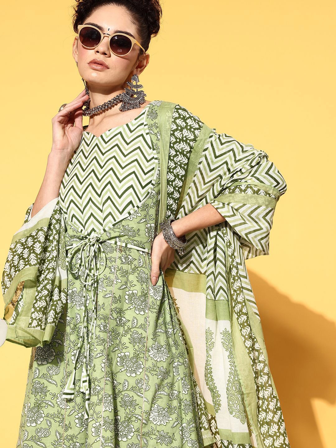 

Sangria Printed Pure Cotton A-Line Kurta With Sharara & Dupatta Set, Green