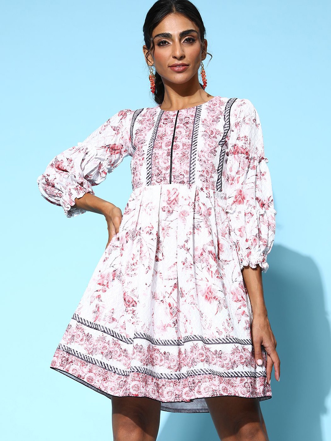 

Sangria Shiffly Embroidered Printed Chikankari A-line Dress, White