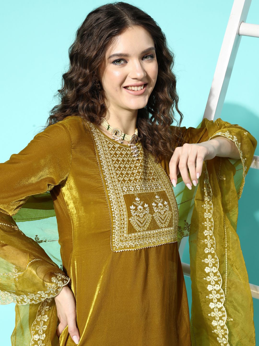 

Sangria Round Neck Embroidered Kurta With Trousers & Dupatta, Yellow