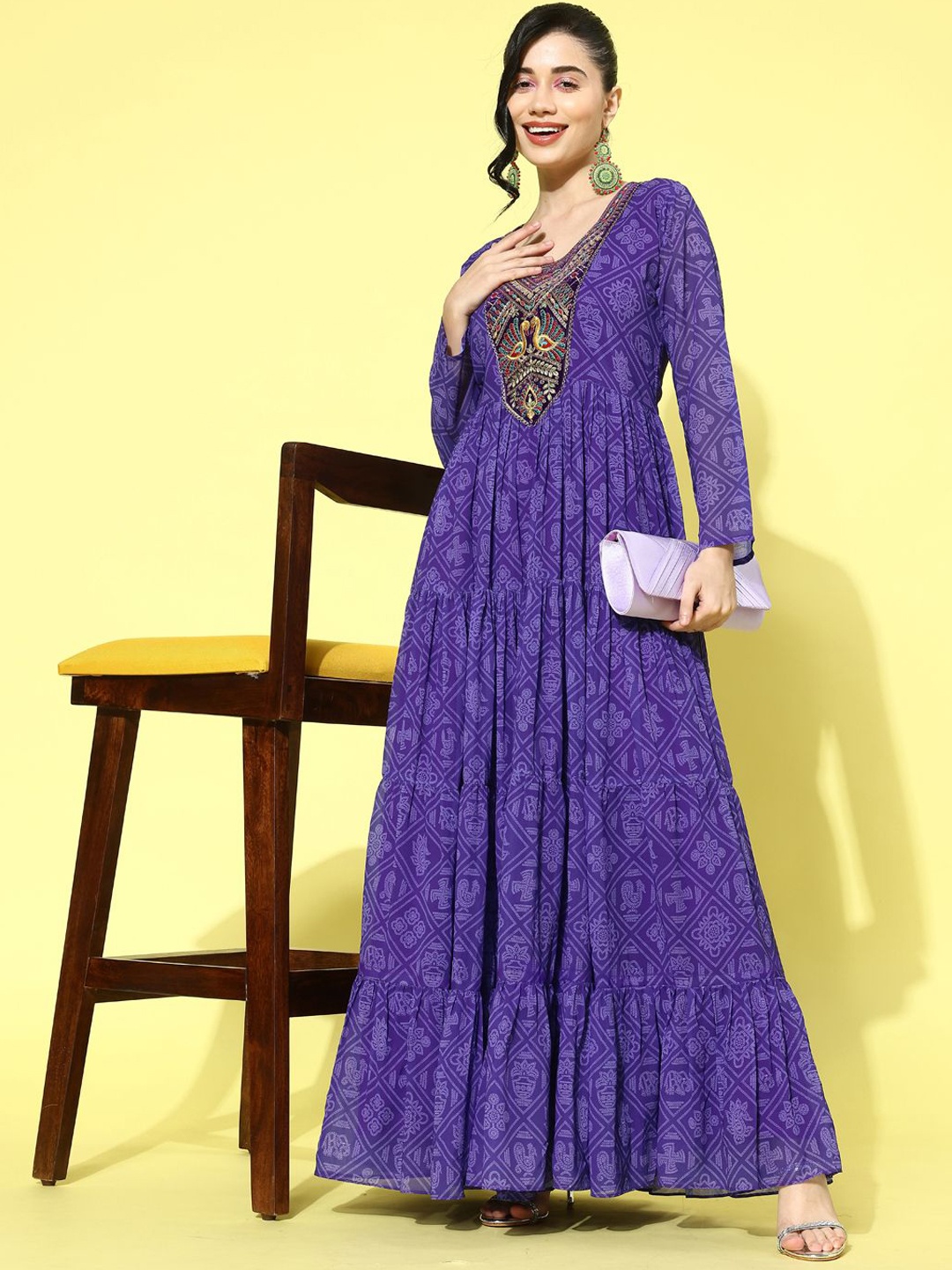 

Sangria Bandhni Printed Embroidered Fit & Flare Maxi Ethnic Dress, Purple