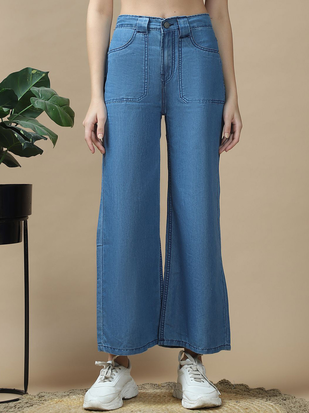 

Mast & Harbour Women Wide Leg Mid-Rise Jeans, Blue