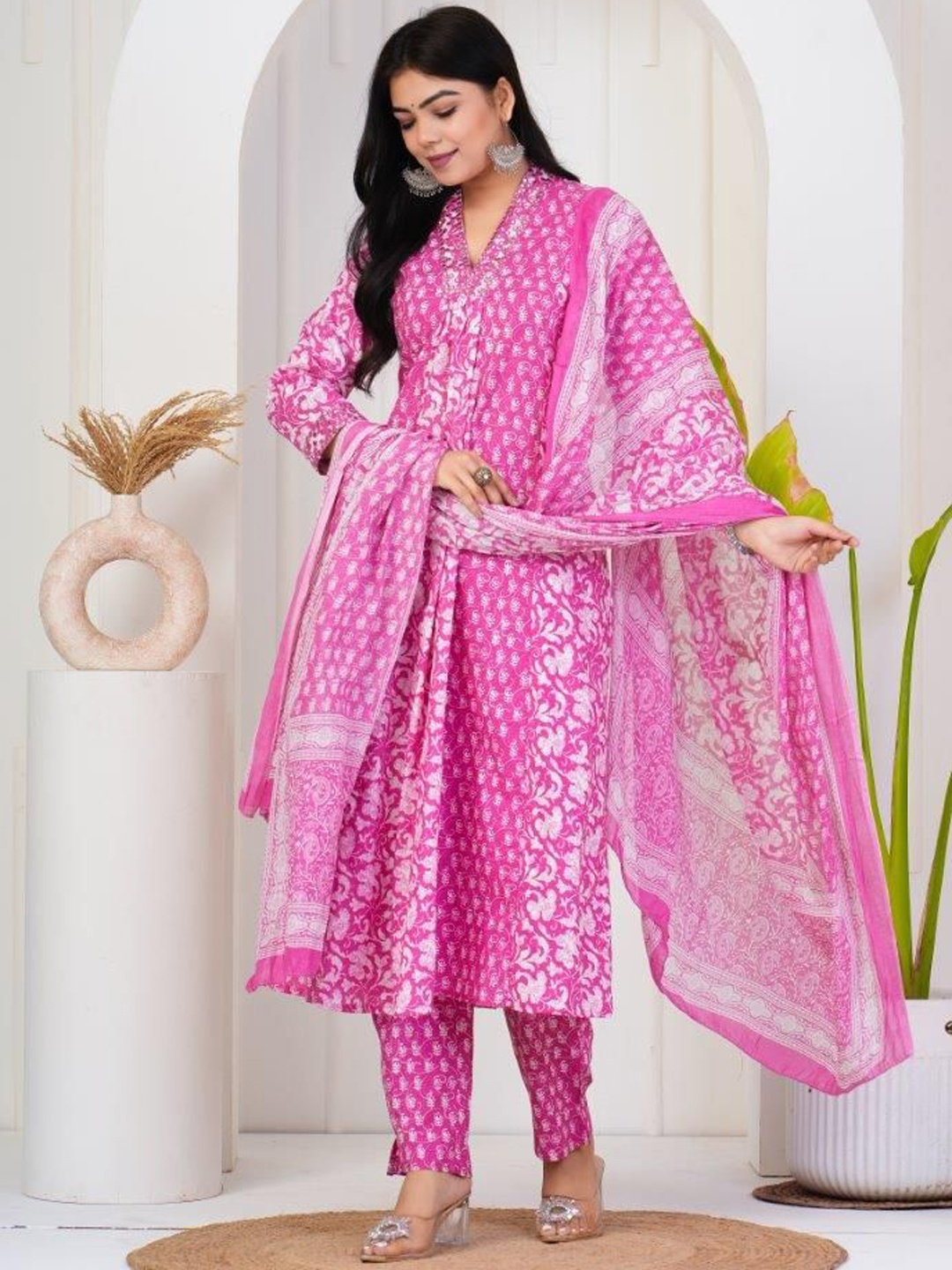 

SIGNORIA Floral Printed Mirror Work Pure Cotton A Line Kurta & Trousers With Dupatta, Pink