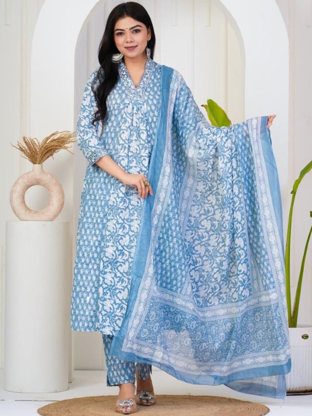 

SIGNORIA Floral Printed Mirror Work Pure Cotton A Line Kurta & Trousers With Dupatta, Blue
