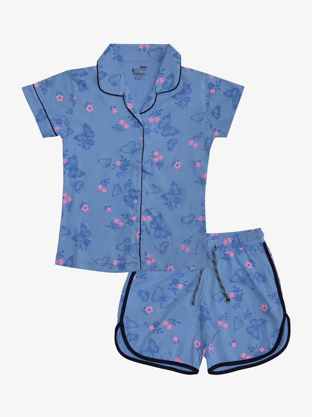 

Bodycare Kids Girls Printed Lapel Collar Shirt With Short, Lavender