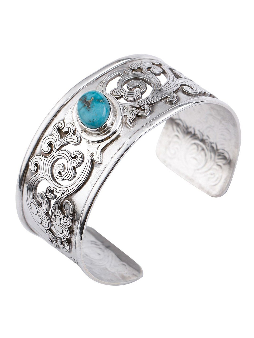 

Exotic India Turquoise Beautifully Engraved Jali Design Cuff Bracelet, Silver