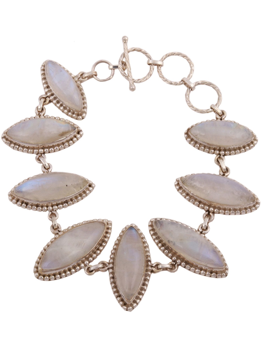 

Exotic India Rainbow Moonstones Studded Sterling Silver Marquise Bracelet