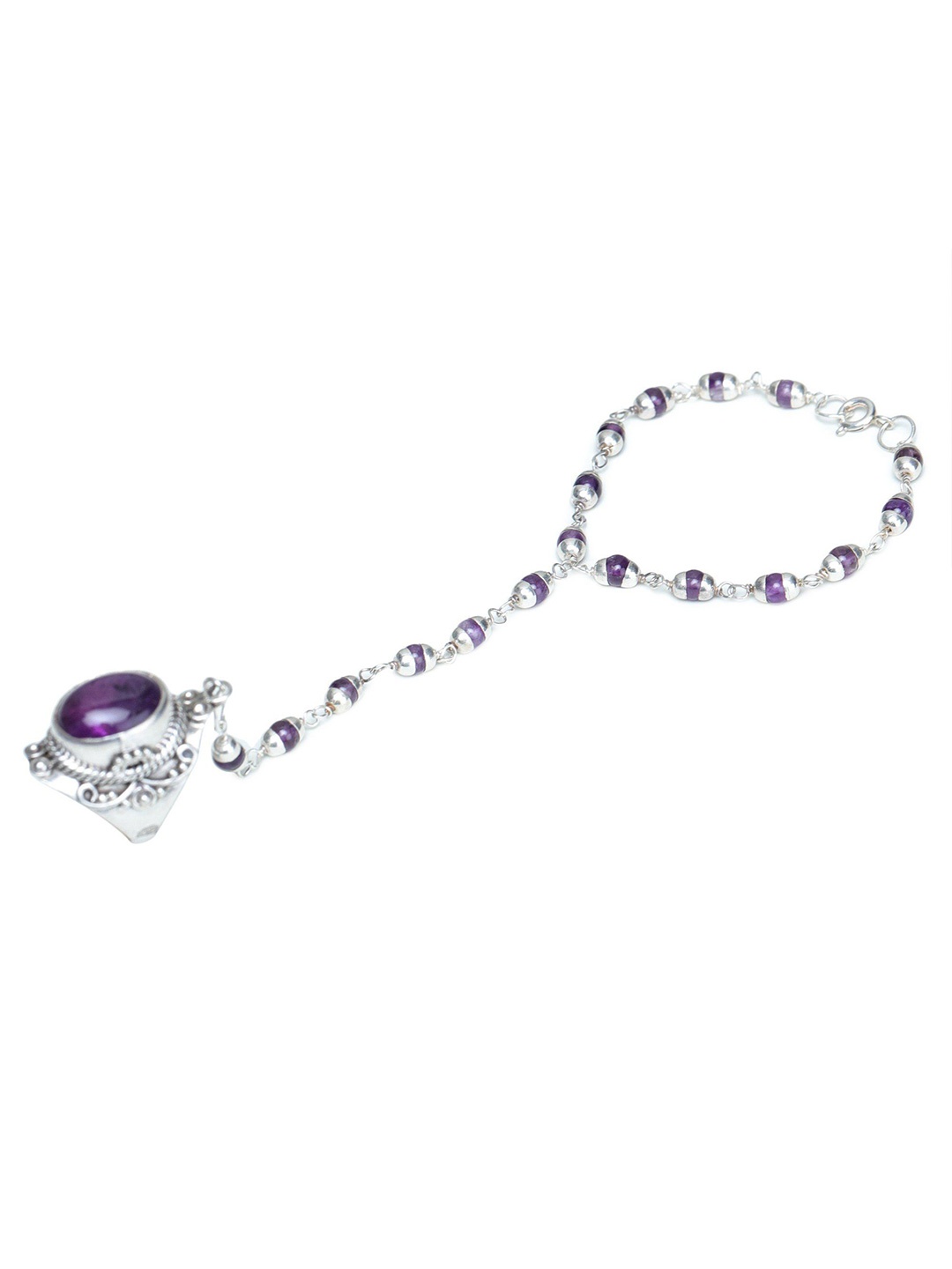 

Exotic India Sterling Silver Silver-Plated Amethyst-Studded Ring Bracelet