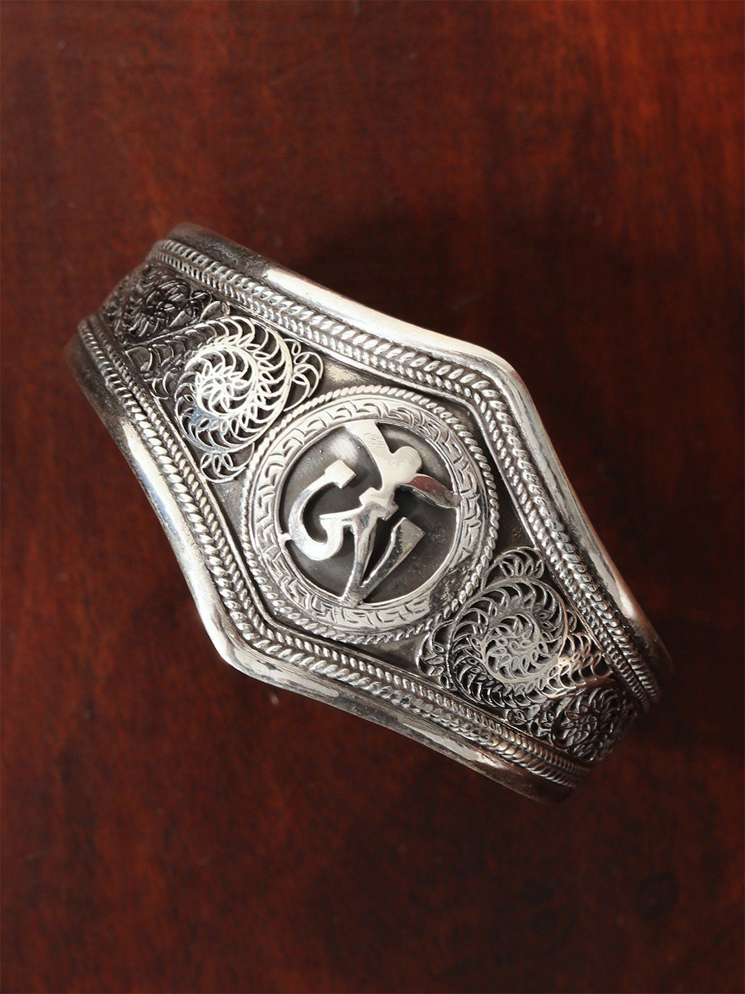 

Exotic India Adjustable Tibetan Om with Filigree Cuff Sterling Silver Bracelet