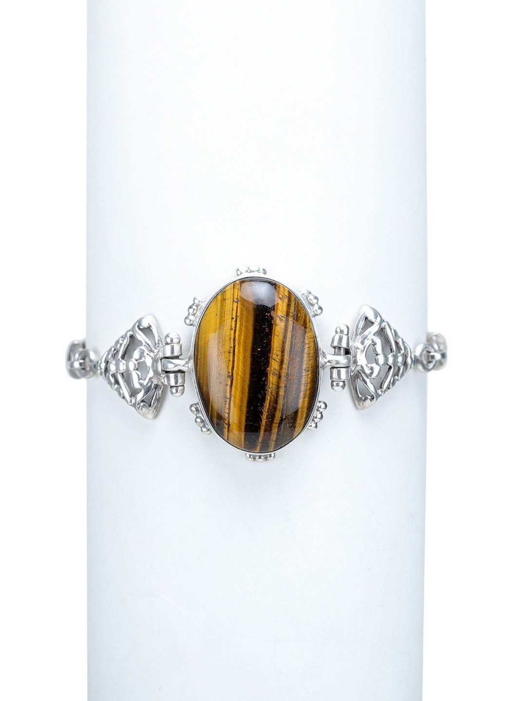 

Exotic India Tiger Eye Gemstone Sterling Silver Band Bracelet
