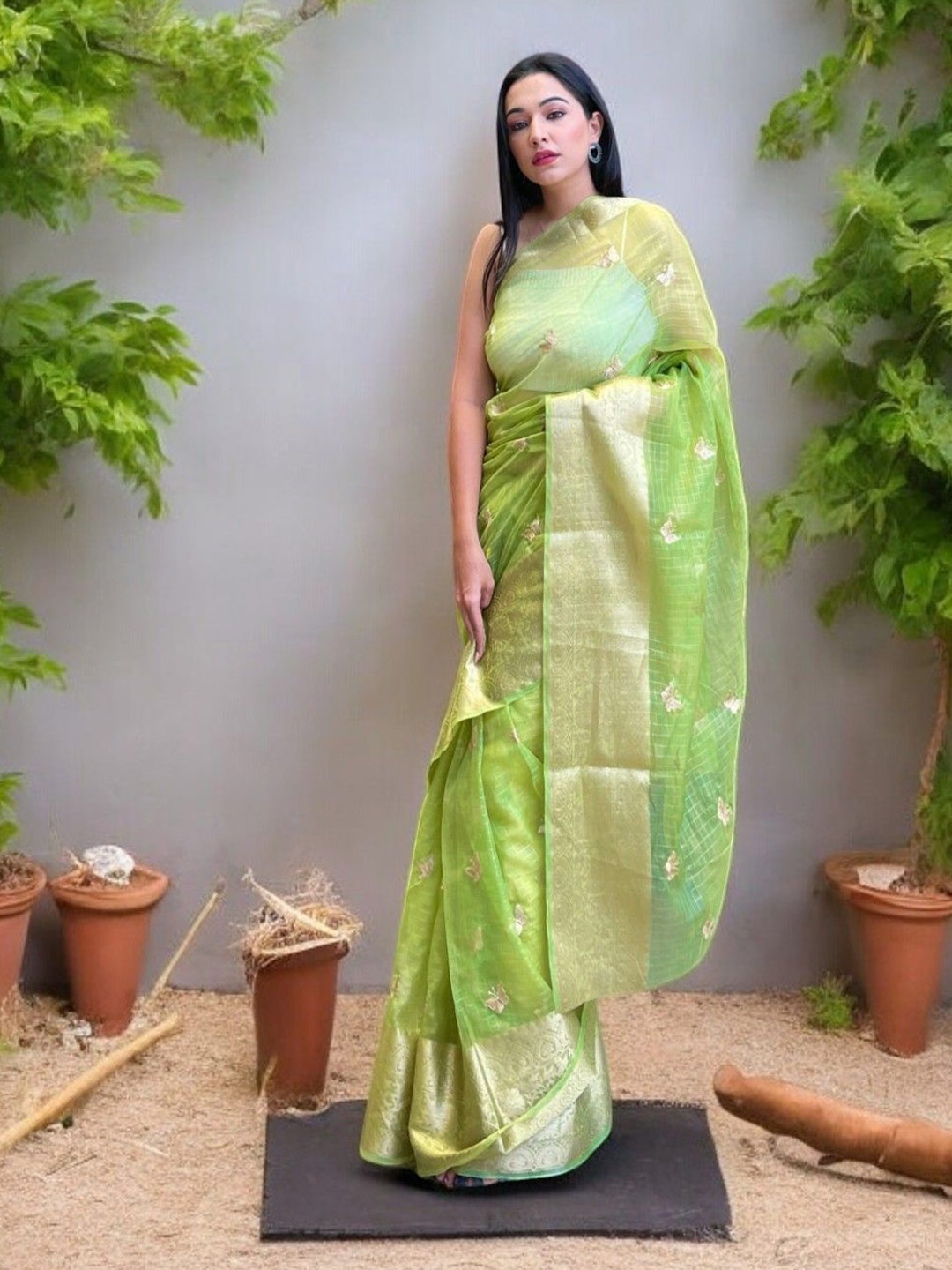 

Vastrasky Global Woven Designed Zari Organza Saree, Green