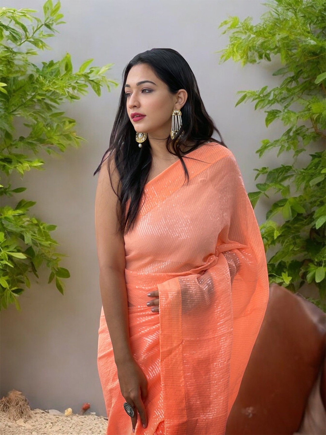 

VAMSEE Embellished Sequinned Organza Saree, Orange