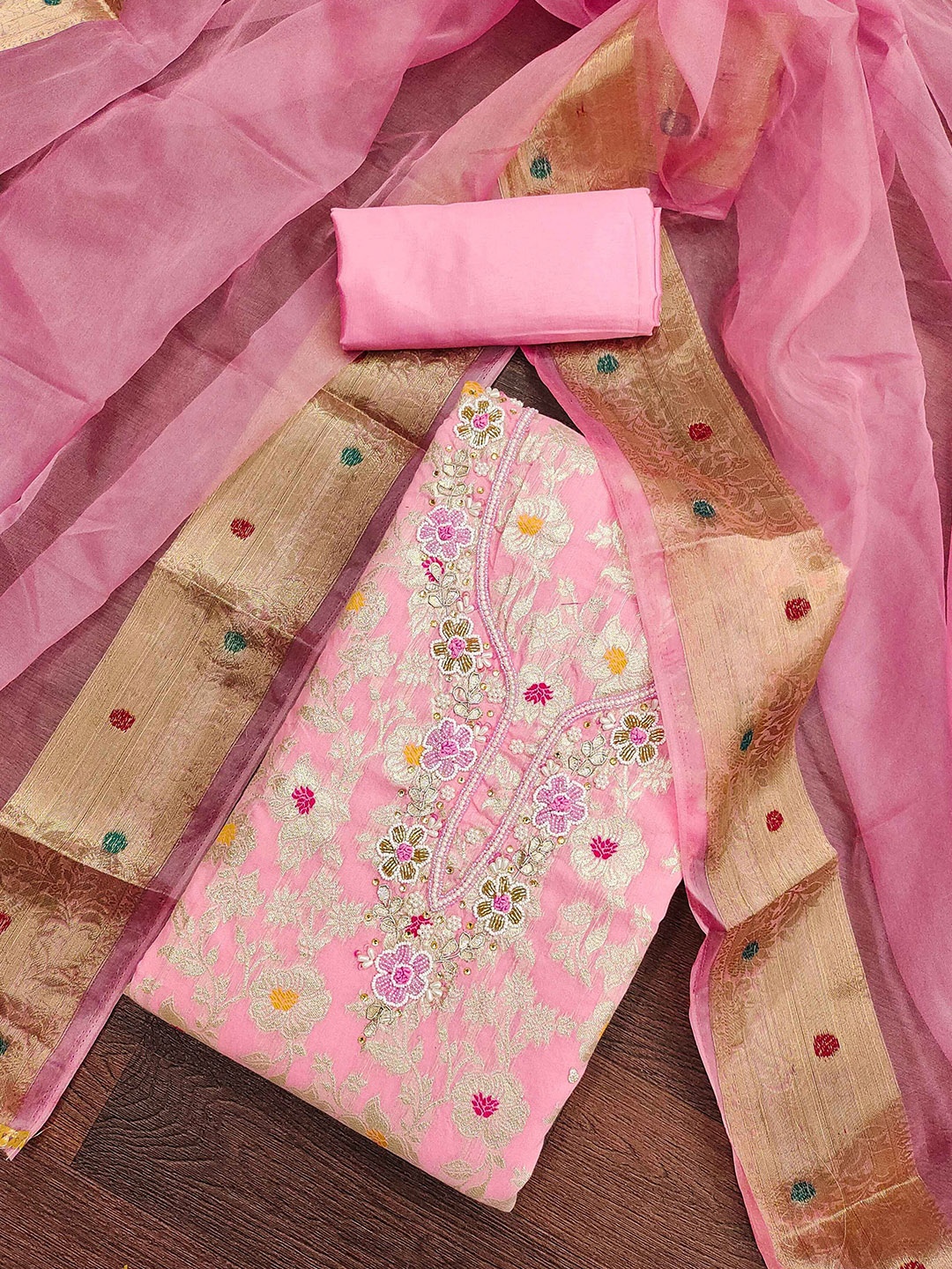 

MAHALASA Ethnic Motifs Embroidered Unstitched Dress Material, Pink