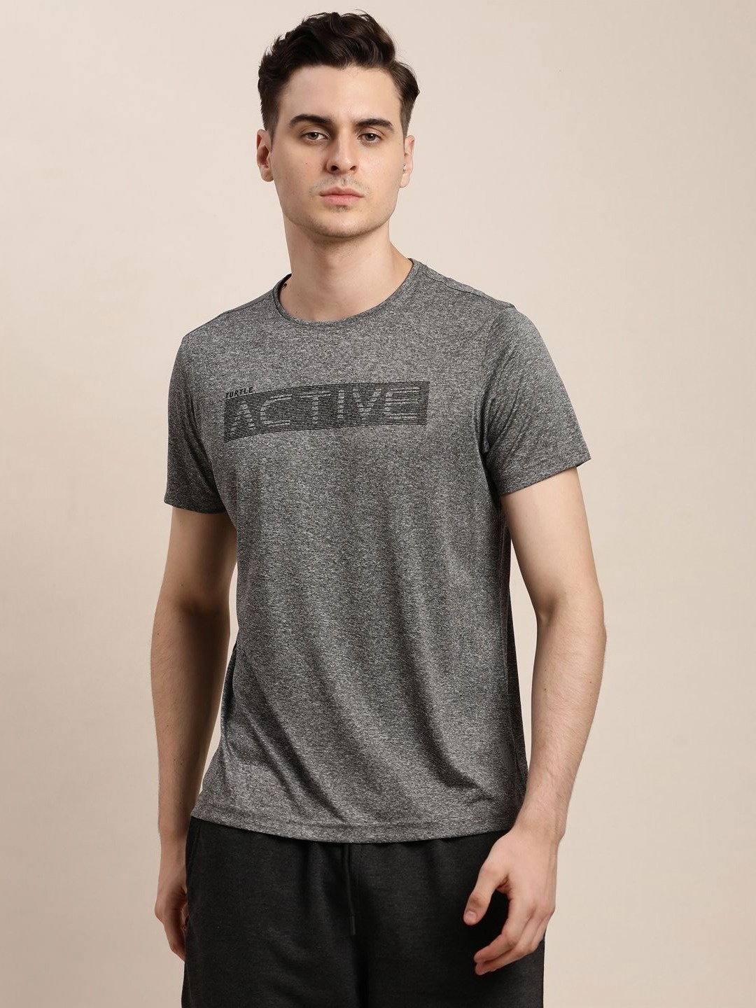 Turtle Men Typography Printed Raw Edge Slim Fit T-shirt, Grey