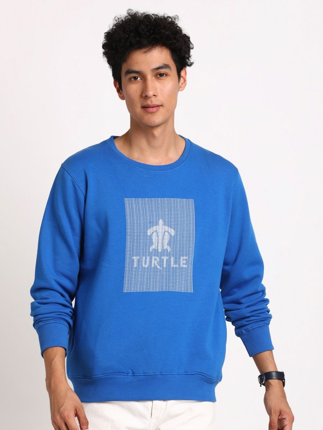 Turtle Men Typography Printed Cap Sleeves Round Neck Applique Slim Fit T-shirt, Blue