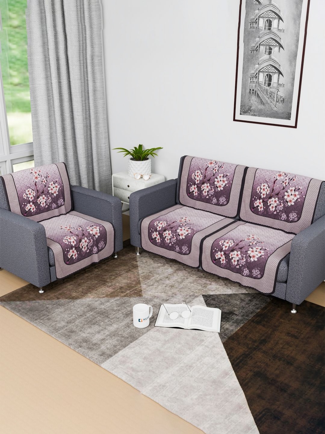 

Kuber Industries Pink & Beige 6 Pieces Floral Printed Cotton Sofa Covers