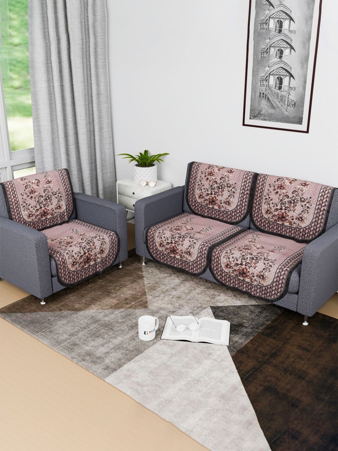 

Kuber Industries Peach-Coloured & Red 6 Pieces Floral Printed Cotton Sofa Covers