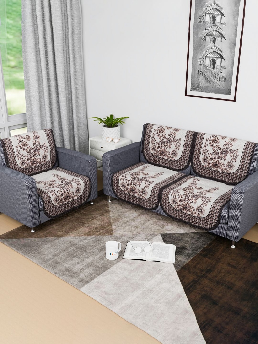 

Kuber Industries Cream-Coloured & Brown 6 Pieces Floral Printed Cotton Sofa Covers