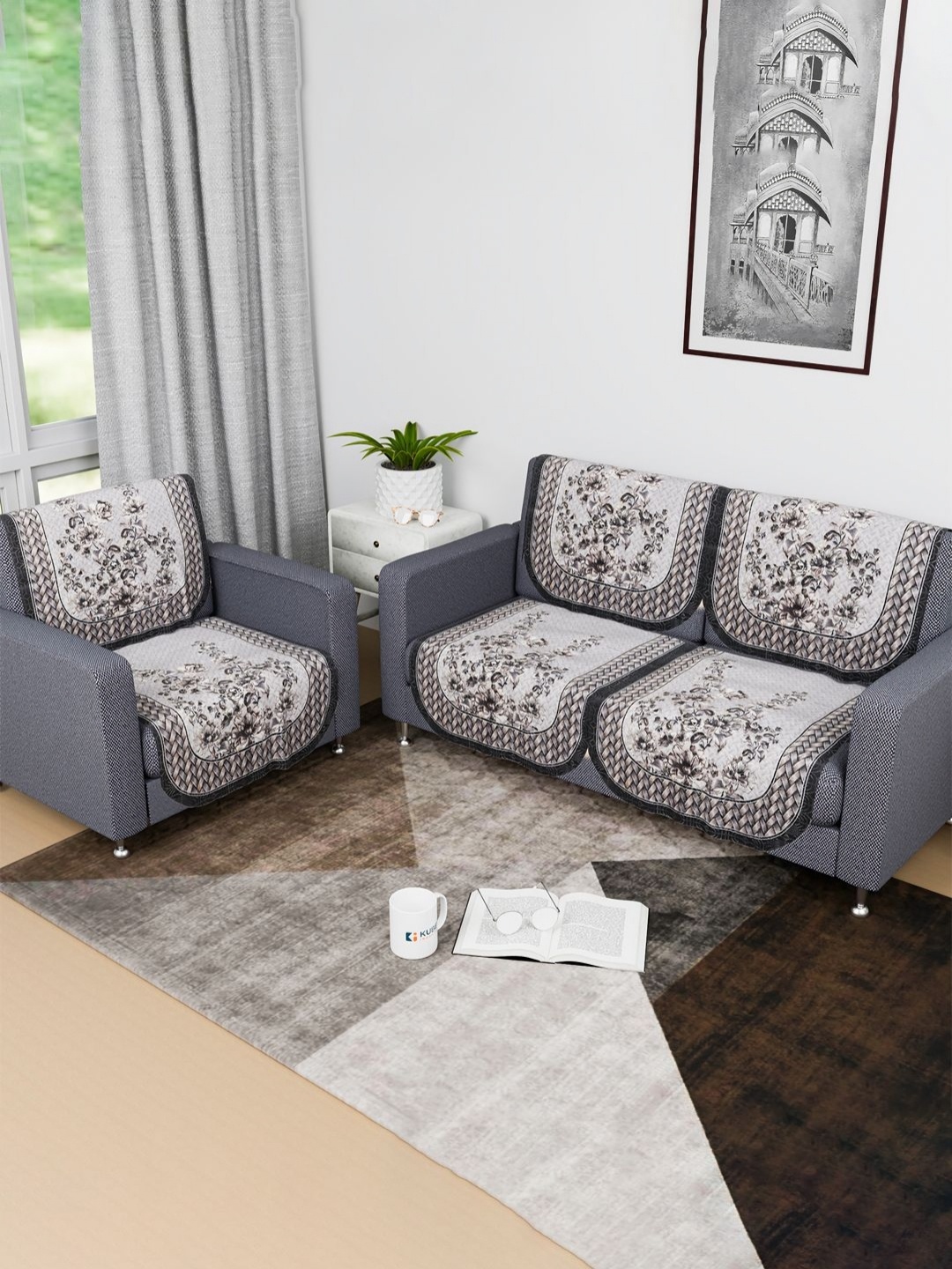 

Kuber Industries Grey & Black 6 Pieces Floral Printed Cotton Sofa Covers