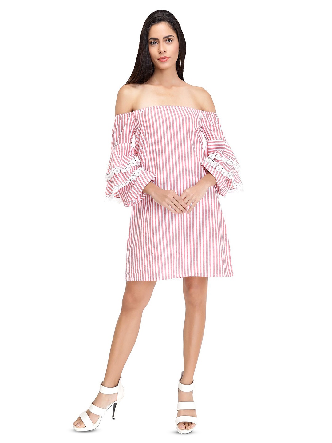 

Ashtag Women Striped Off-Shoulder Bell Sleeve Above Knee A-Line Dress, Red