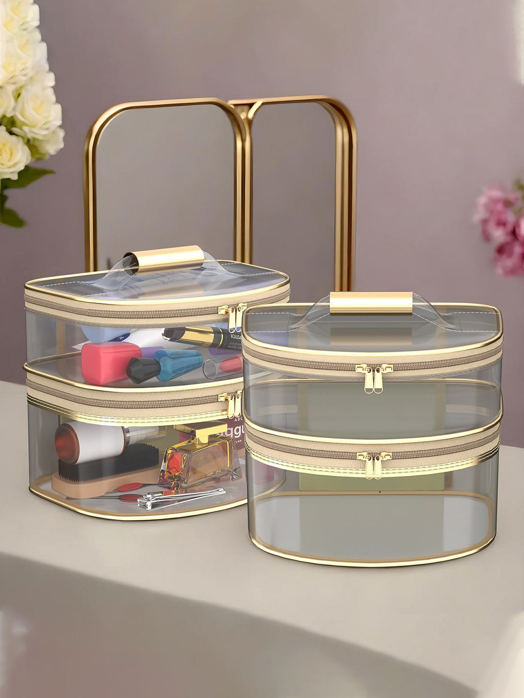 

Kuber Industries 2 Pieces D Shape-Design Dual Layer Makeup Makeup Organiser With Handle, Gold