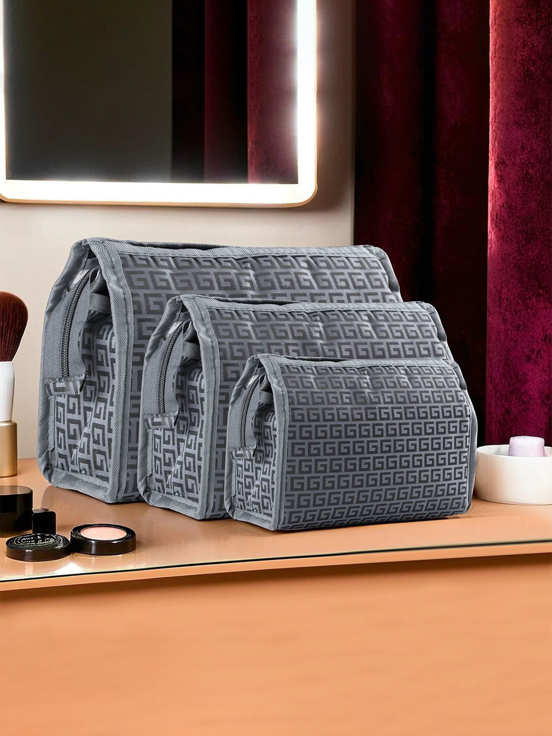 

Kuber Industries Unisex 3 Pieces Printed Chain-Design Adjustable Makeup Organisers, Grey