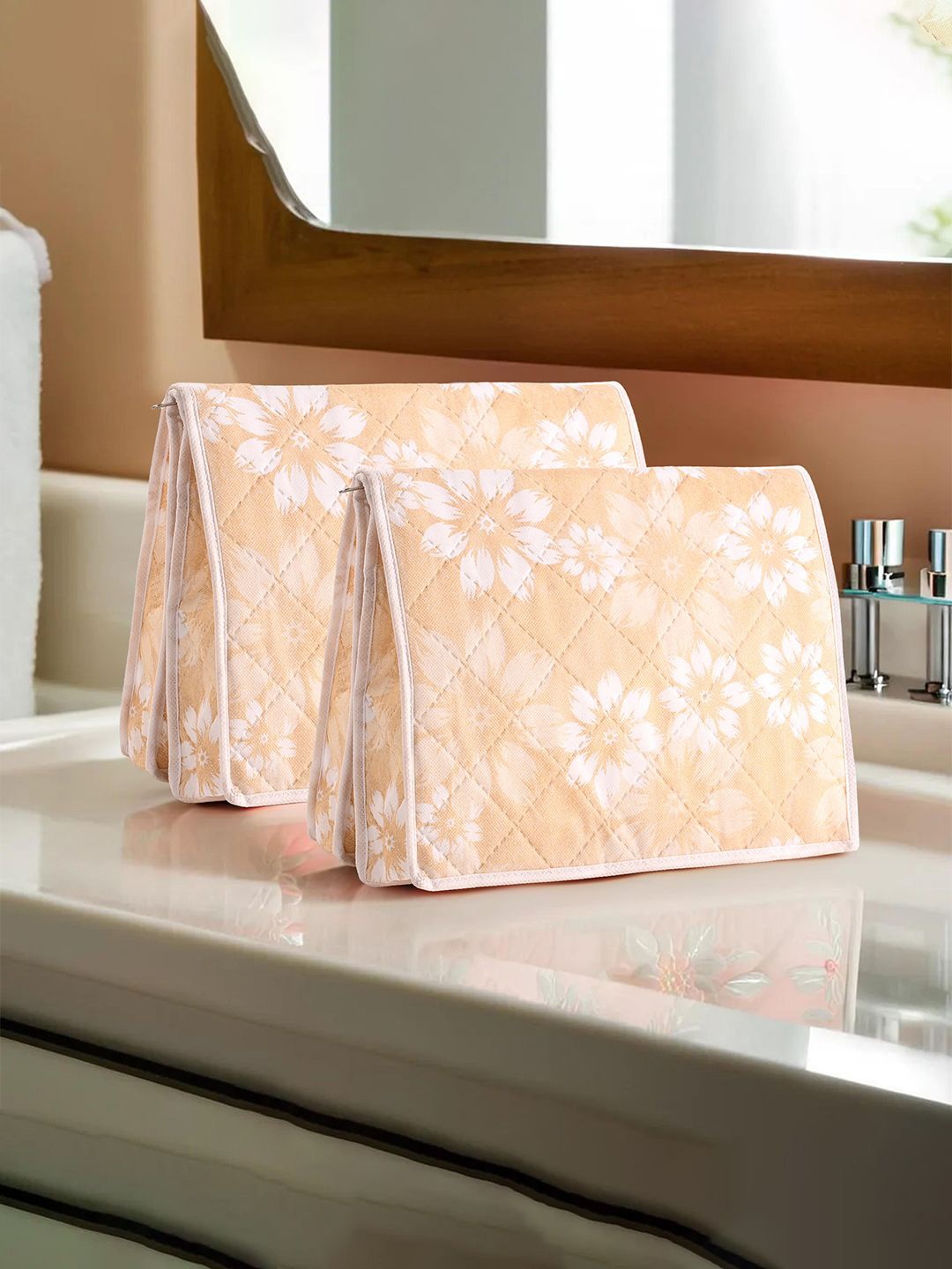 

Kuber Industries 2 Pieces Beige Floral Printed Velcro Folding Undergarments Organizers