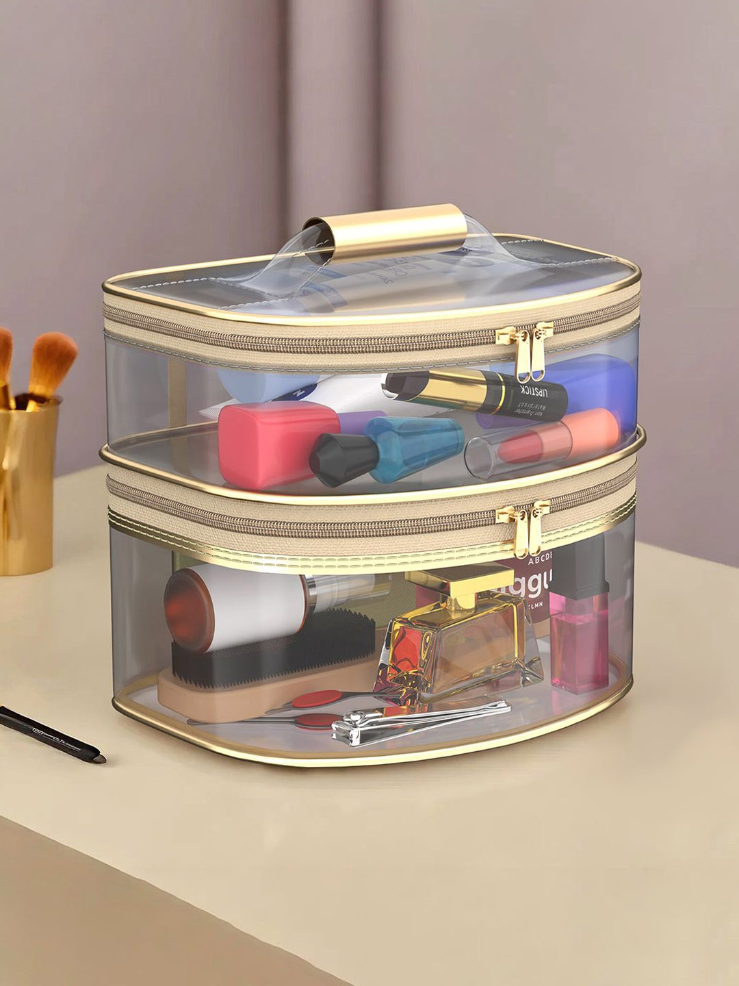 

Kuber Industries Golden D Shape-Design Dual Layer Makeup Bag With Handle, Gold
