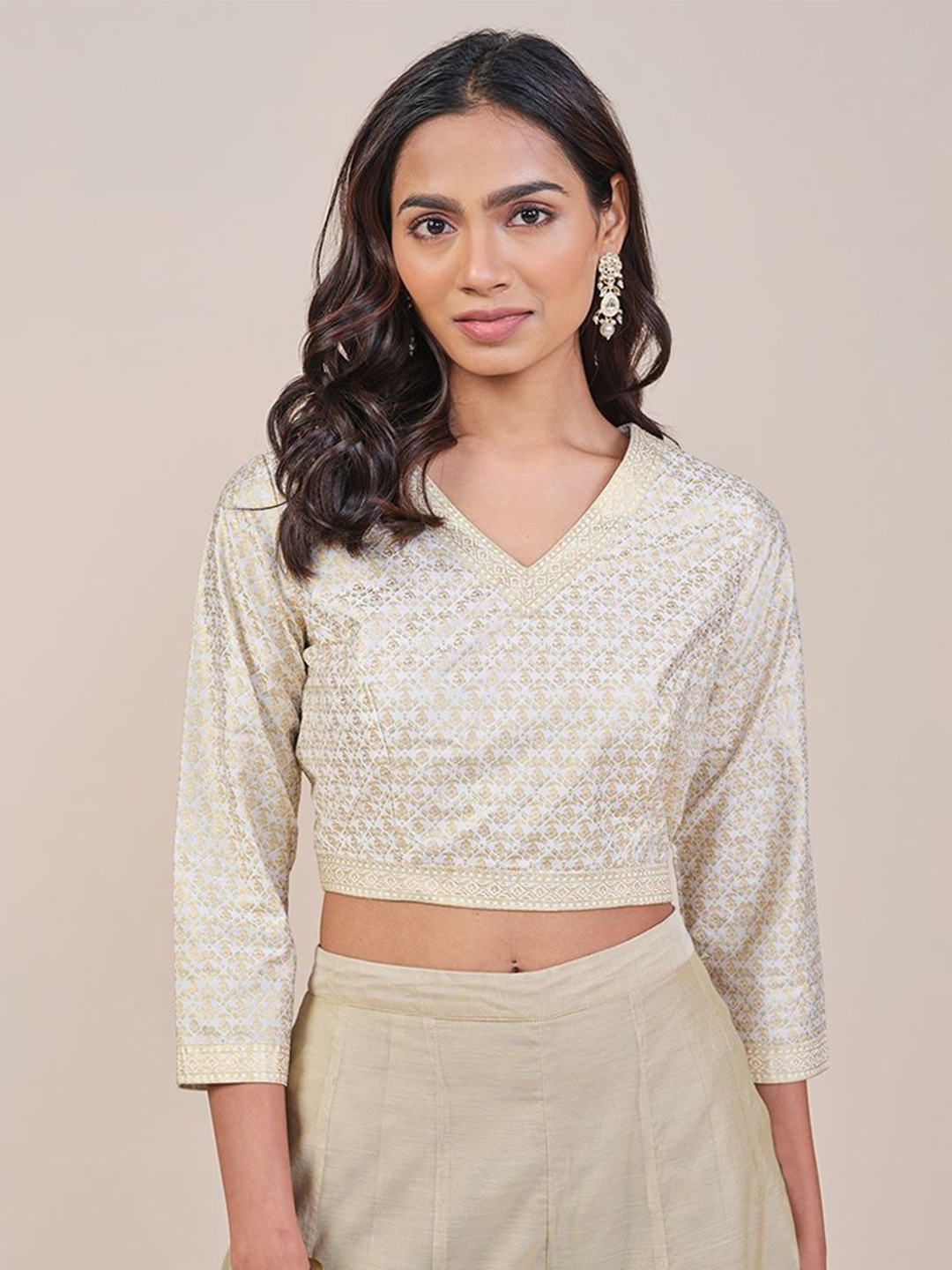 

Global Desi Floral Print Wrap Crop Top, Off white