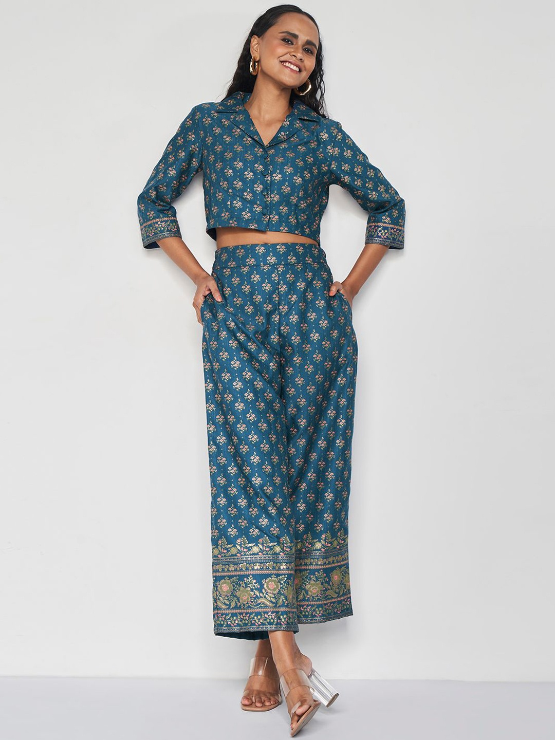 

Global Desi Printed Crop Shirt With Trouser, Teal