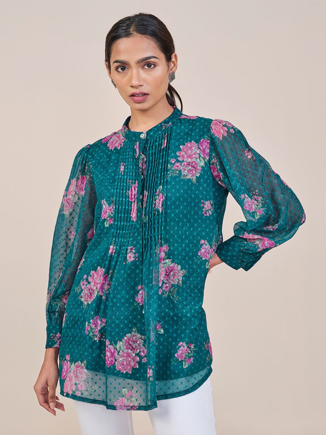 

Global Desi Floral Print Top, Green