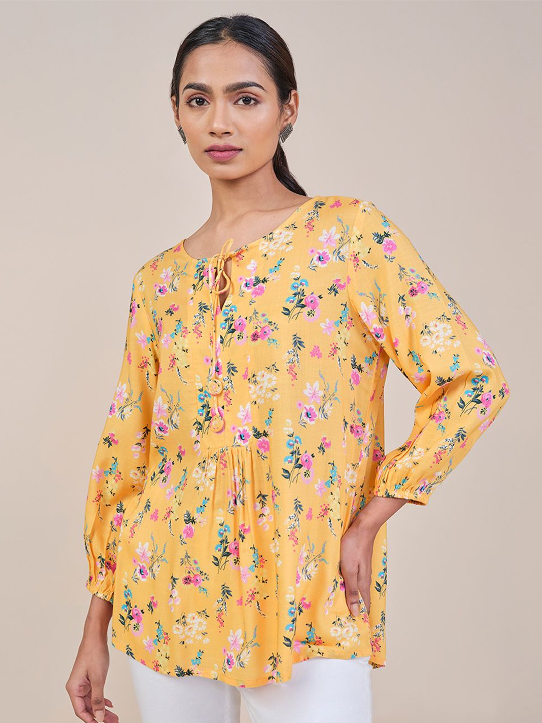 

Global Desi Women Floral Printed Top, Yellow