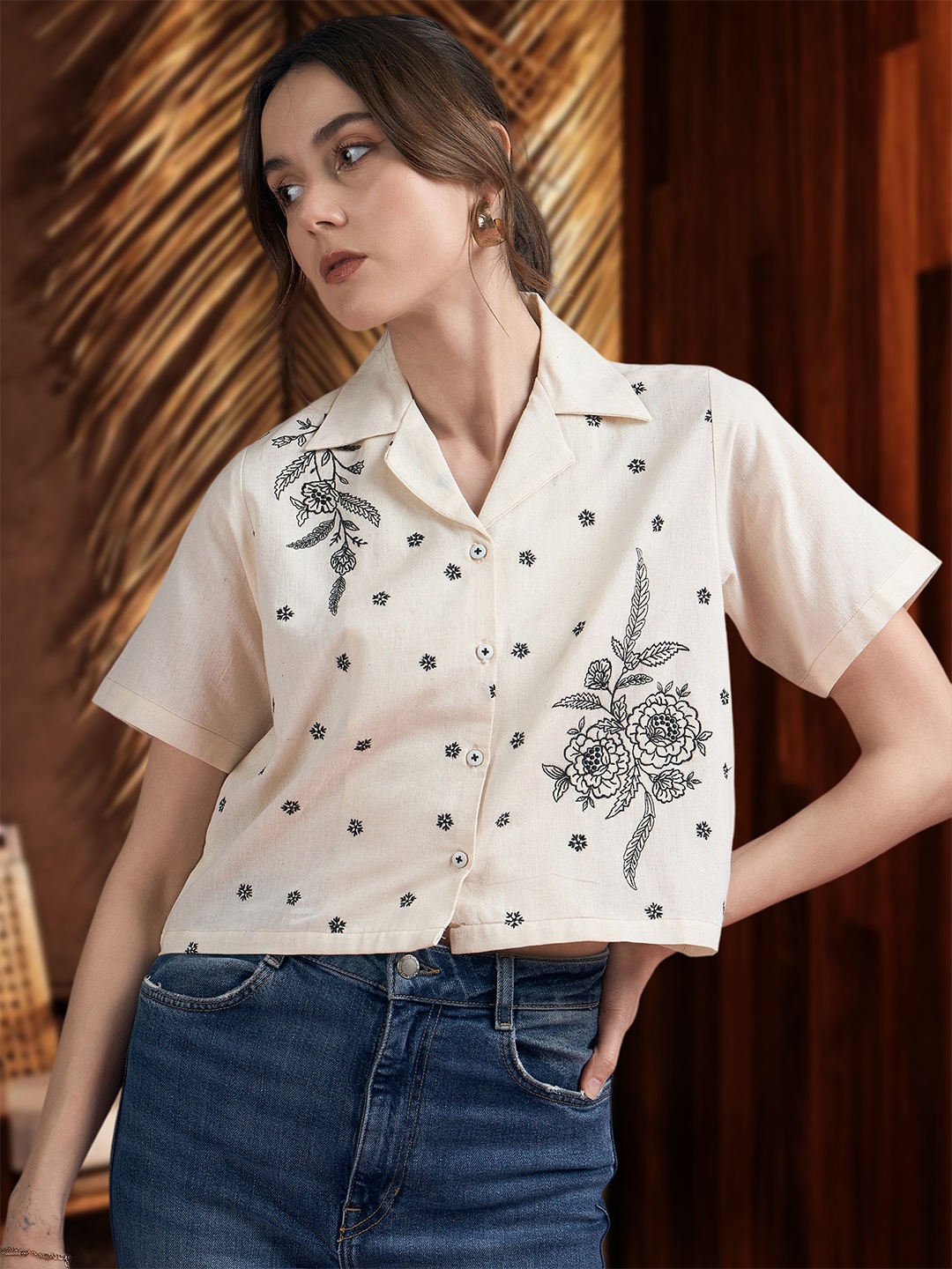 

DressBerry Women Comfort Floral Printed Cotton Casual Shirt, Beige