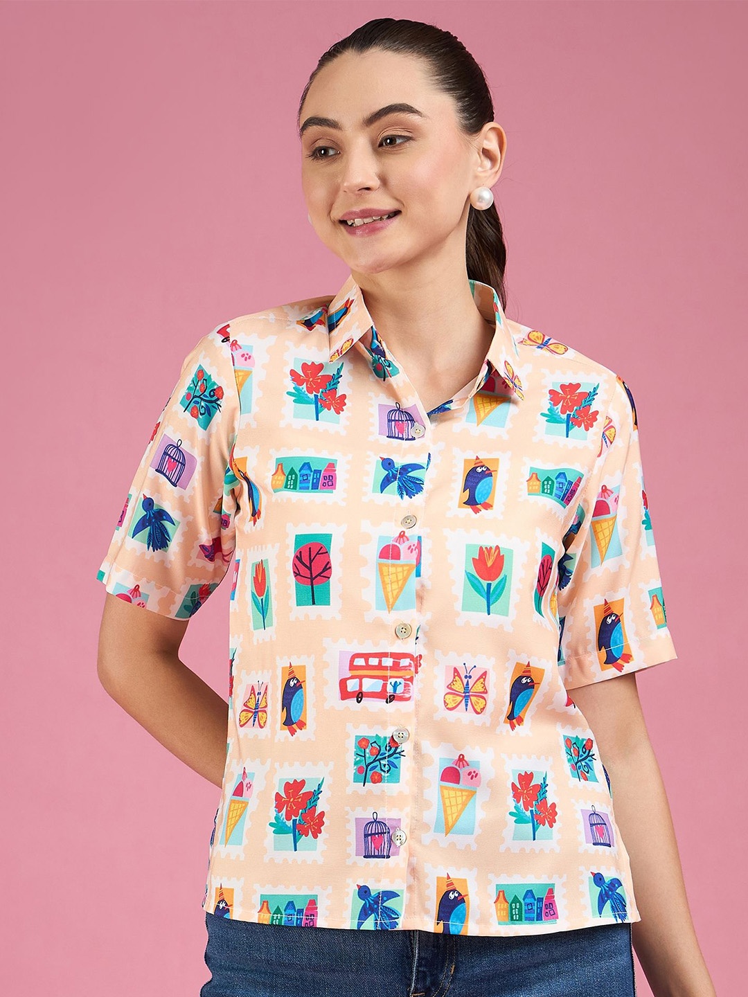 

DressBerry Print Crepe Shirt Style Top, Beige