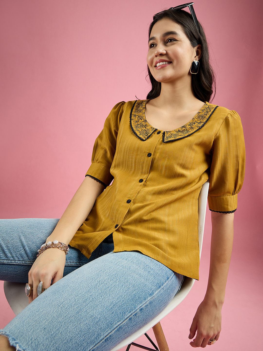 

DressBerry Women Embroidered Peter Pan Collar Shirt Style Top, Mustard