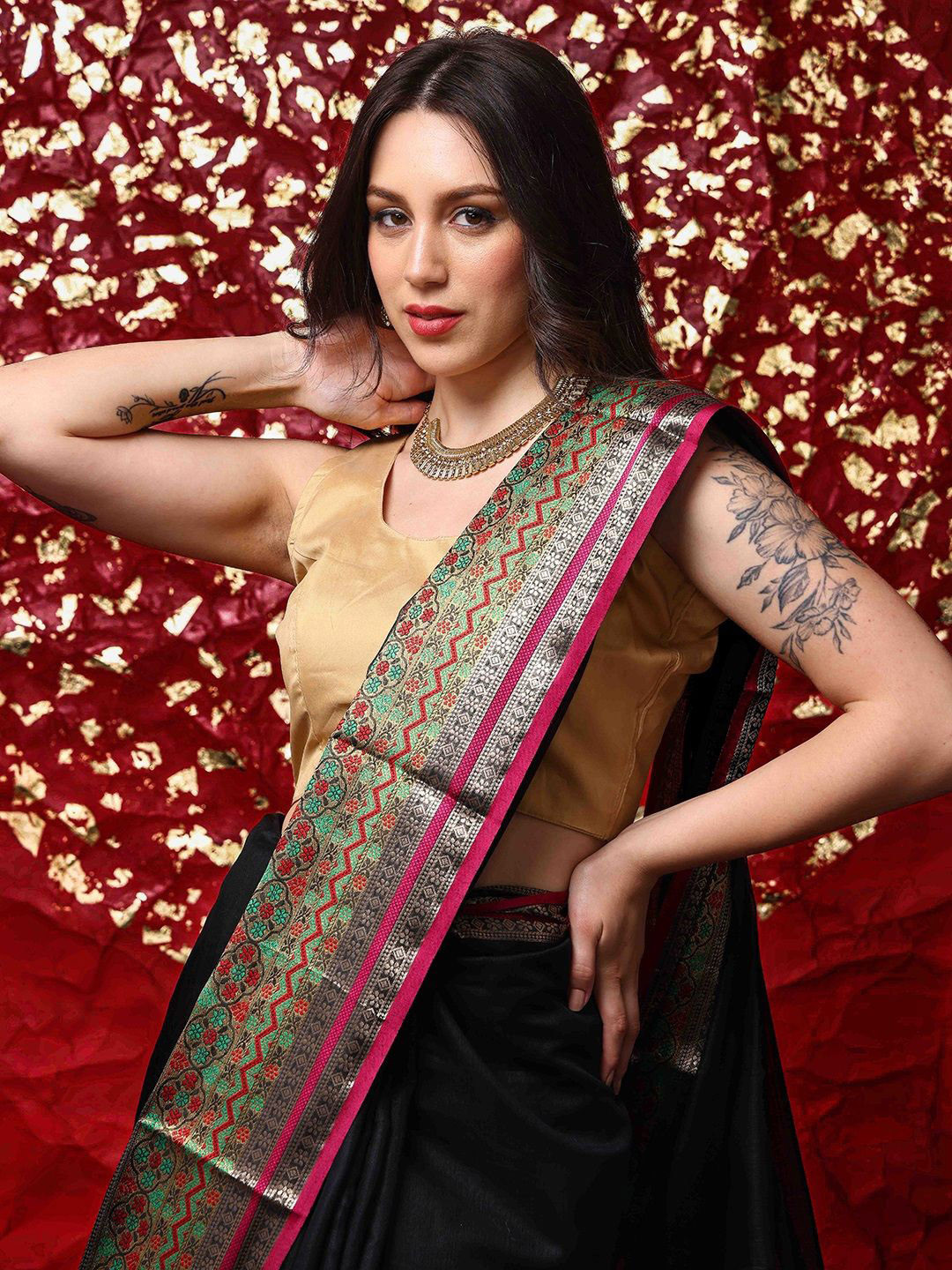 

Ishin Ethnic Motif Zari Woven Kanjeevaram Saree, Black