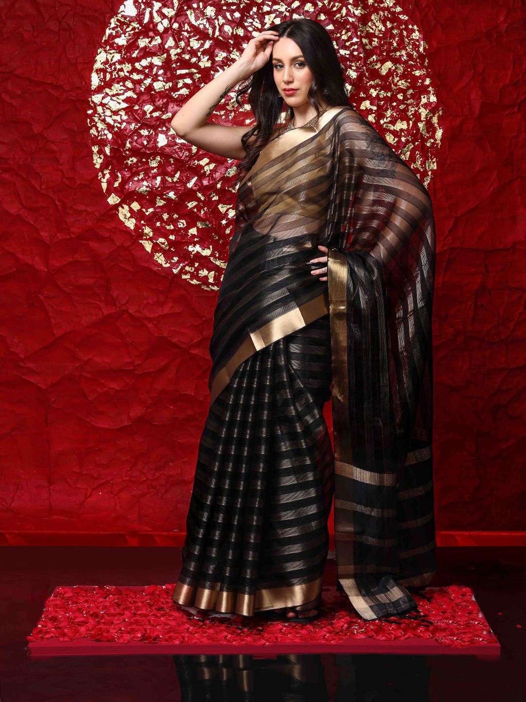 

Ishin Striped Zari Organza Saree, Black