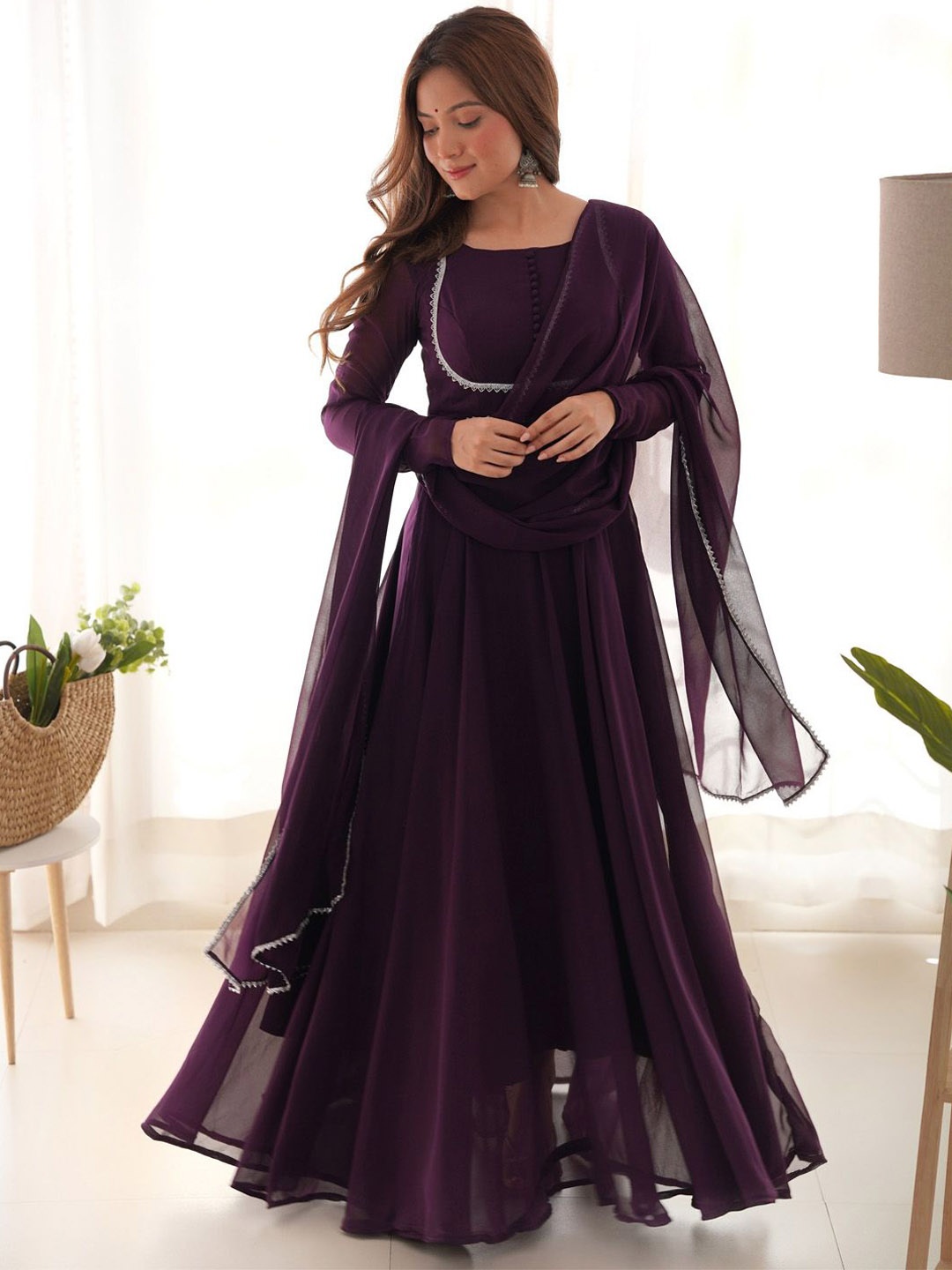 

JATRIQQ Gotta Patti Pleated Georgette Anarkali Kurta With Trousers & Dupatta, Purple