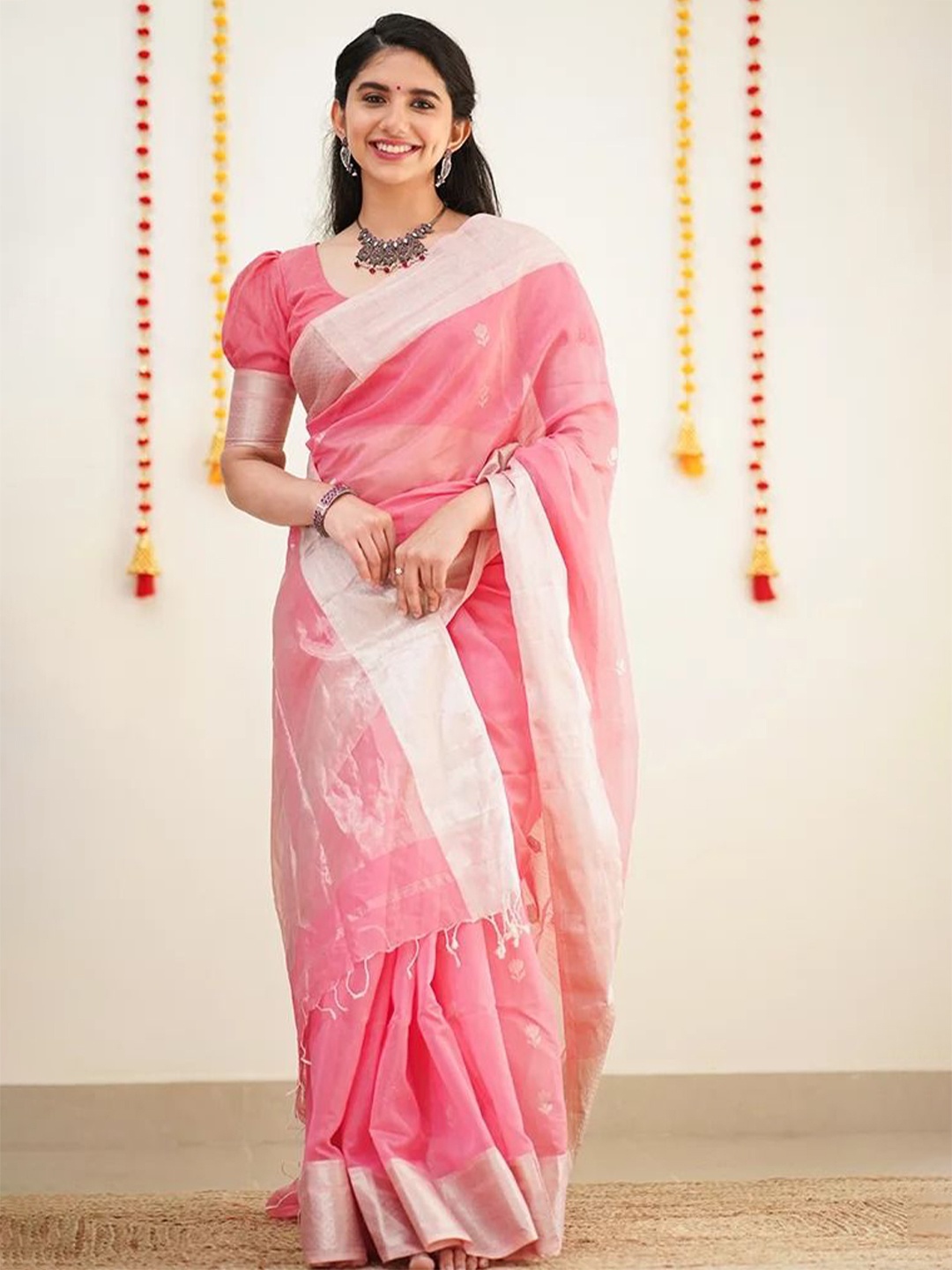 

revika Ethnic Motif Zari Woven Pure Silk Kanjeevaram Saree, Pink