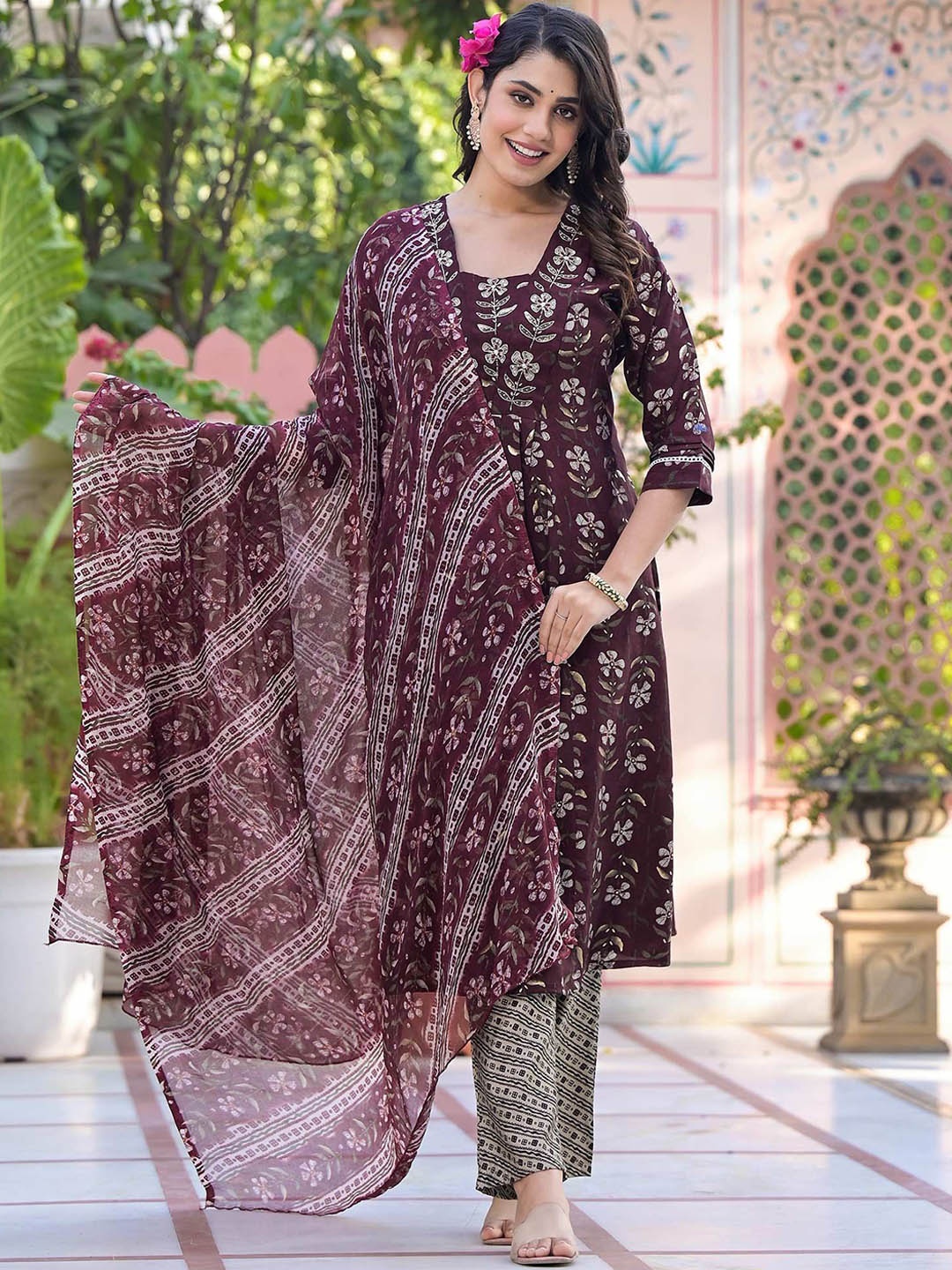 

Peachmode Floral Printed Regular Beads And Stones A-Line Kurta With Trousers & Dupatta, Purple