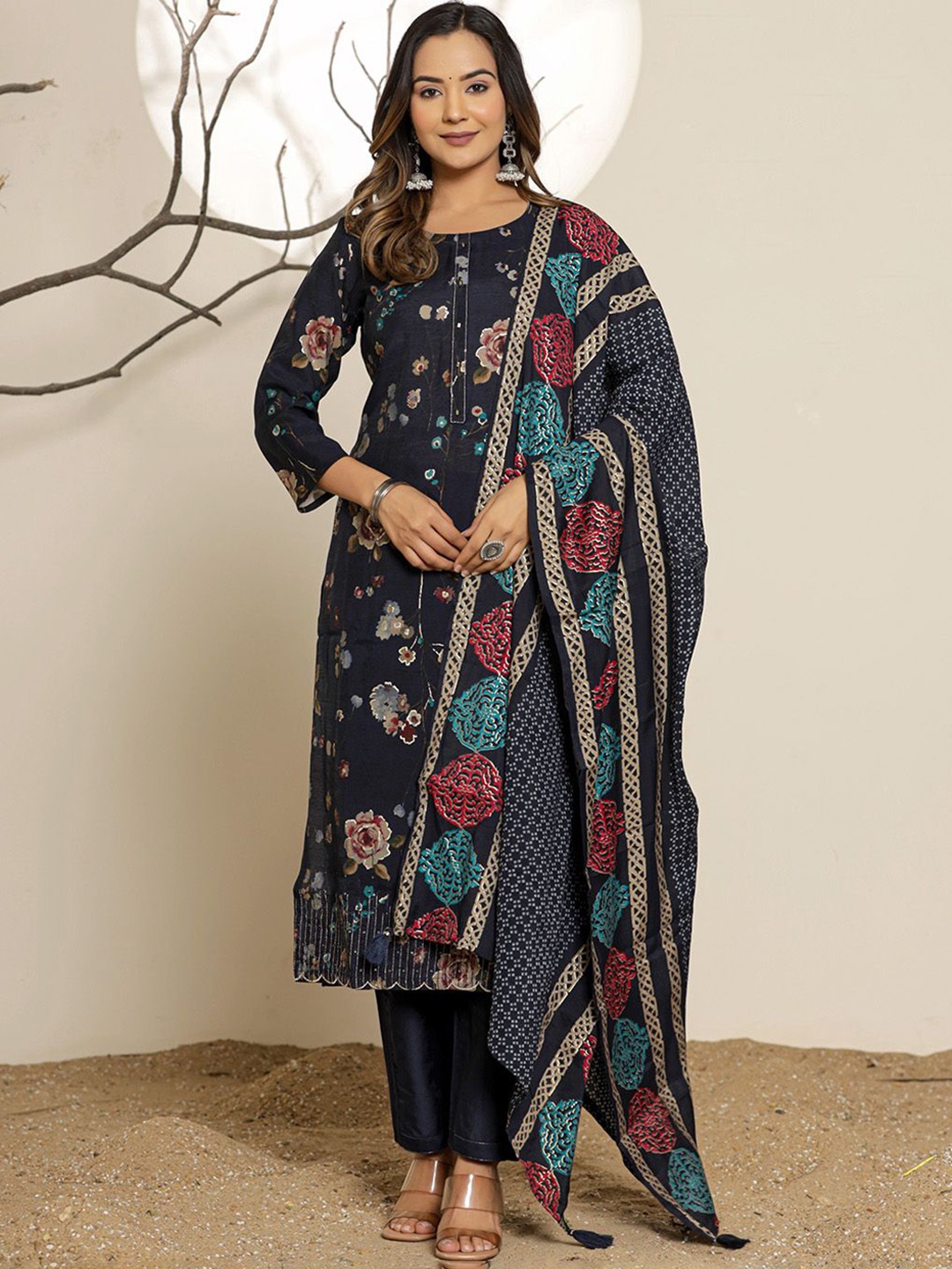 

Kaftanize Floral Printed Straight Kurta With Trouser & Dupatta, Navy blue