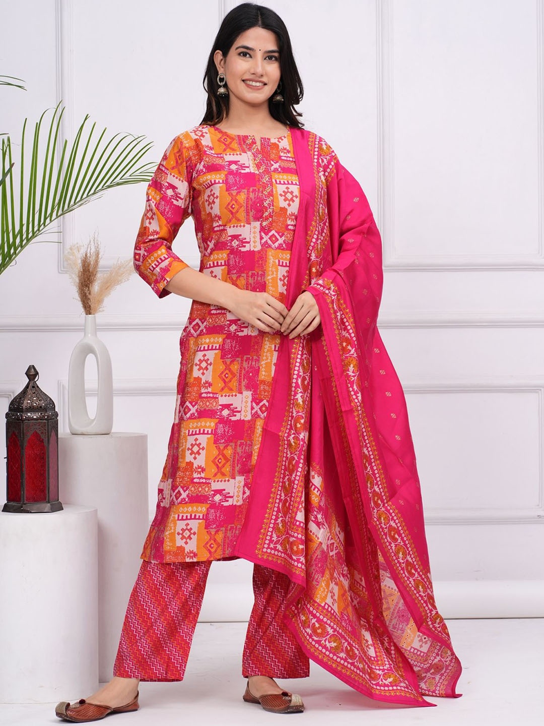 

KALINI Geometric Printed Beads and Stones Pure Silk Straight Kurta With Trousers & Dupatta, Pink