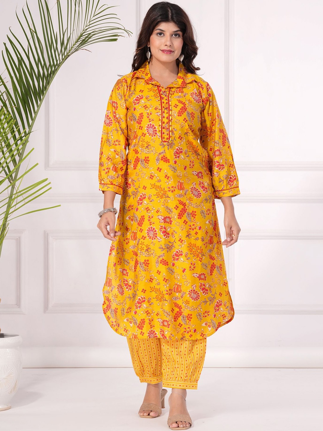 

KALINI Floral Printed Beads and Stones Shirt Collar Straight Kurta With Salwar, Yellow