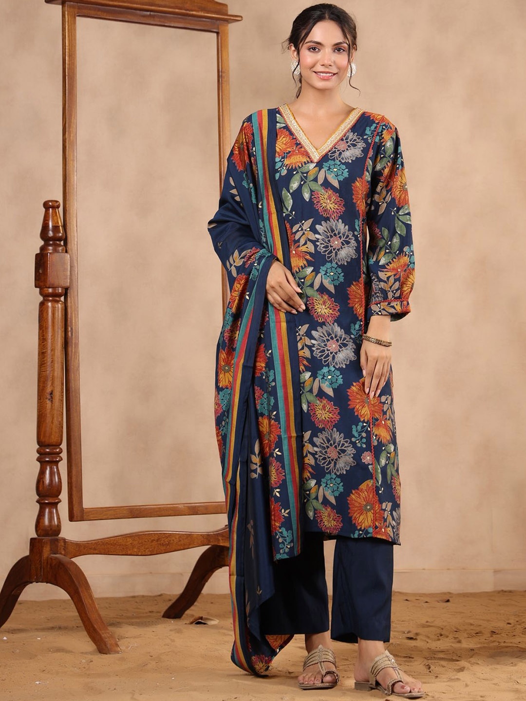 

KALINI Floral Printed V-Neck Straight Kurta with Trousers And Dupatta, Blue