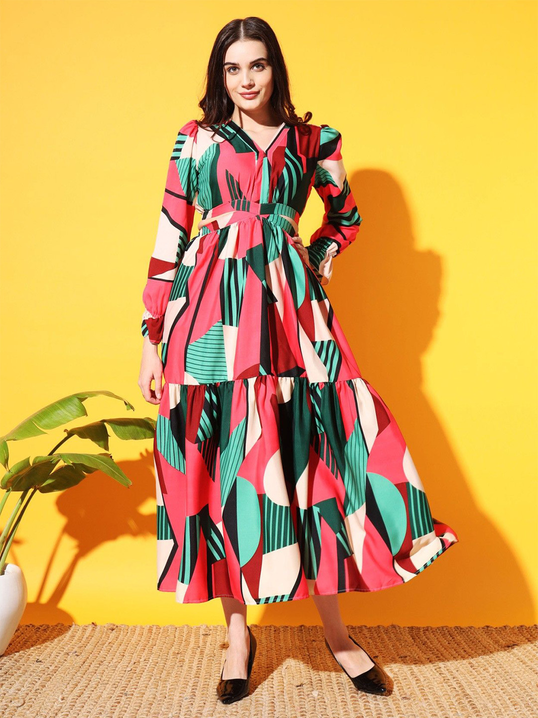 

Femvy Women Abstract Print Applique Maxi Dress, Green