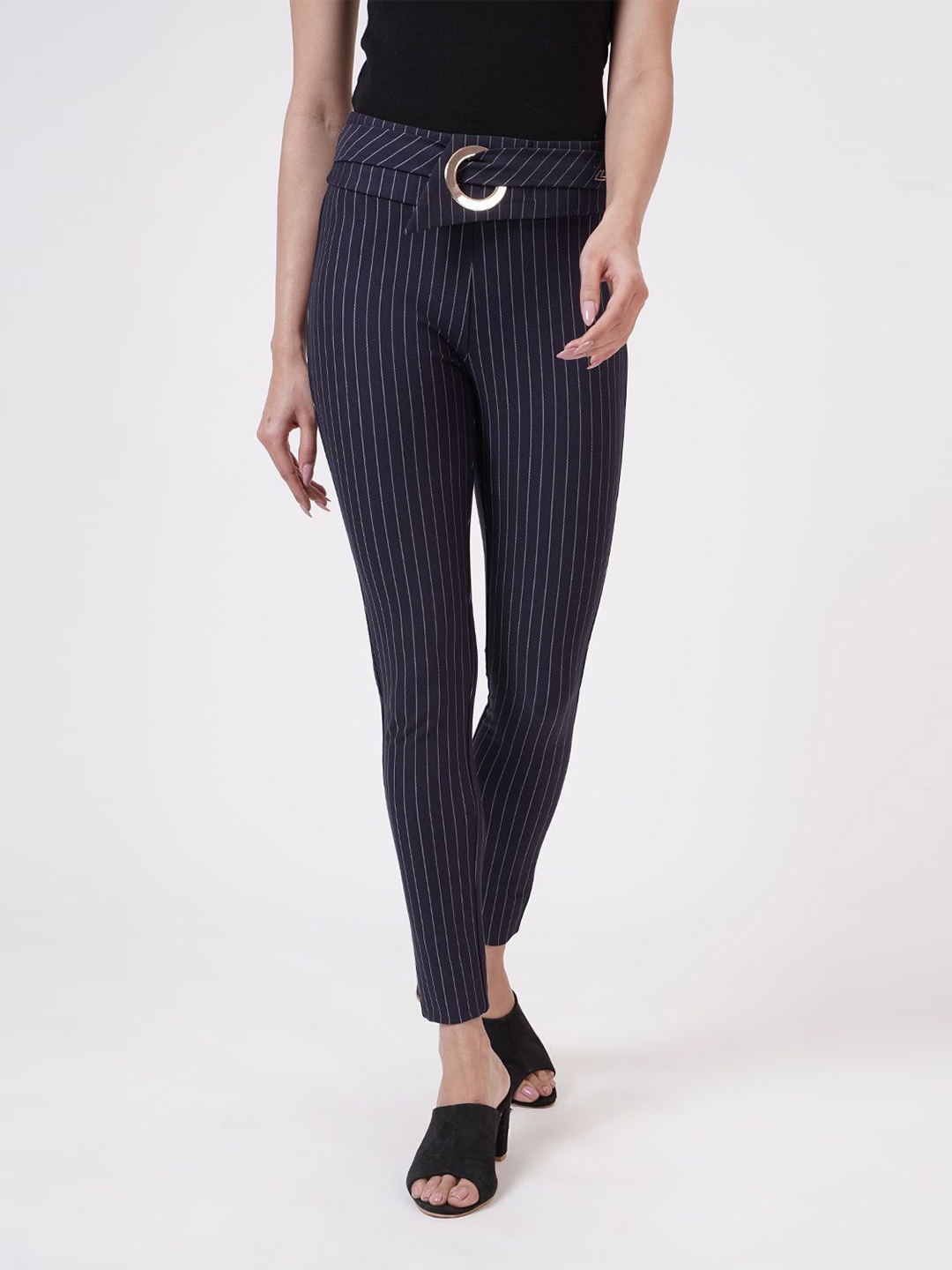 

SHECZZAR Women Skinny Fit Striped Jeggings, Navy blue