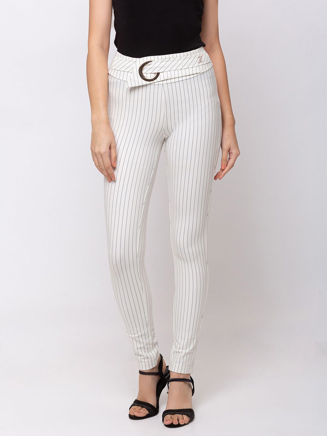 

SHECZZAR Women Striped Skinny Fit Jeggings, White